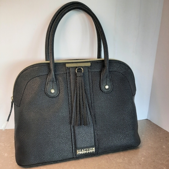 Kenneth Cole Handbag Large Black Tassel Gold Logo Pebbled Faux Leather NWOT - Picture 2 of 15